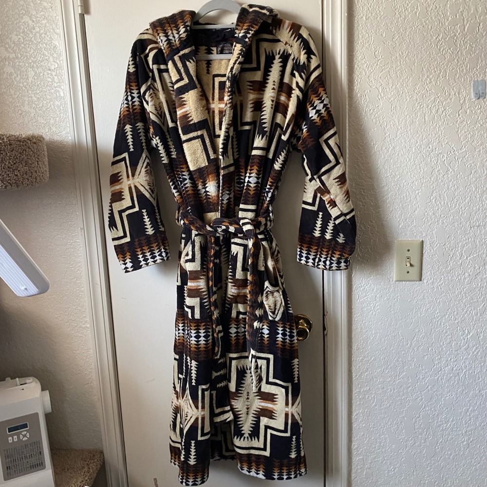 Pendleton Mens Harding Hooded Cotton Terry Robe Brown Tan Black S/M - Picture 2 of 11